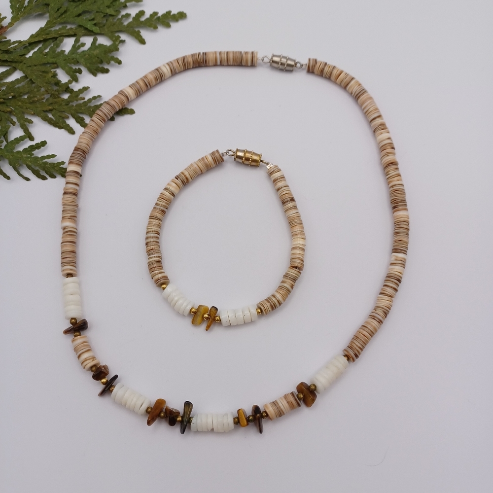 Handcrafted Shell and Cats Eye Matching Bracelet and Necklace Set